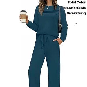 2pcs Women'S Casual Long Sleeve Drawstring Teal Blue Commuter Pants Set - sz M
